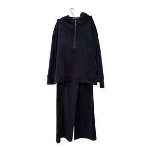 Cable & Gauge Studio Navy Velour Tracksuit w Half-Zip Hoodie & Wide-Leg Pants